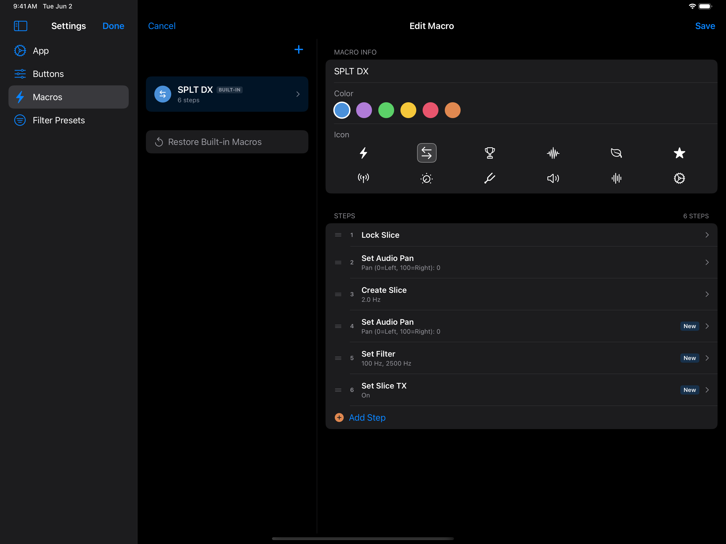 ControlDeck on iPad — the split-view macro editor showing the SPLT DX macro's six steps