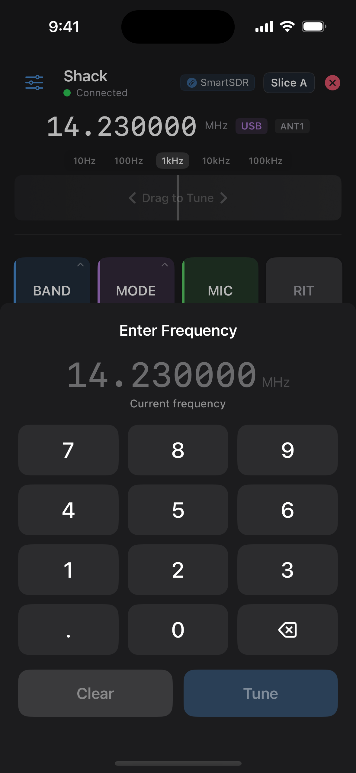 ControlDeck on iPhone — VFO tuning with the frequency keypad and five step sizes